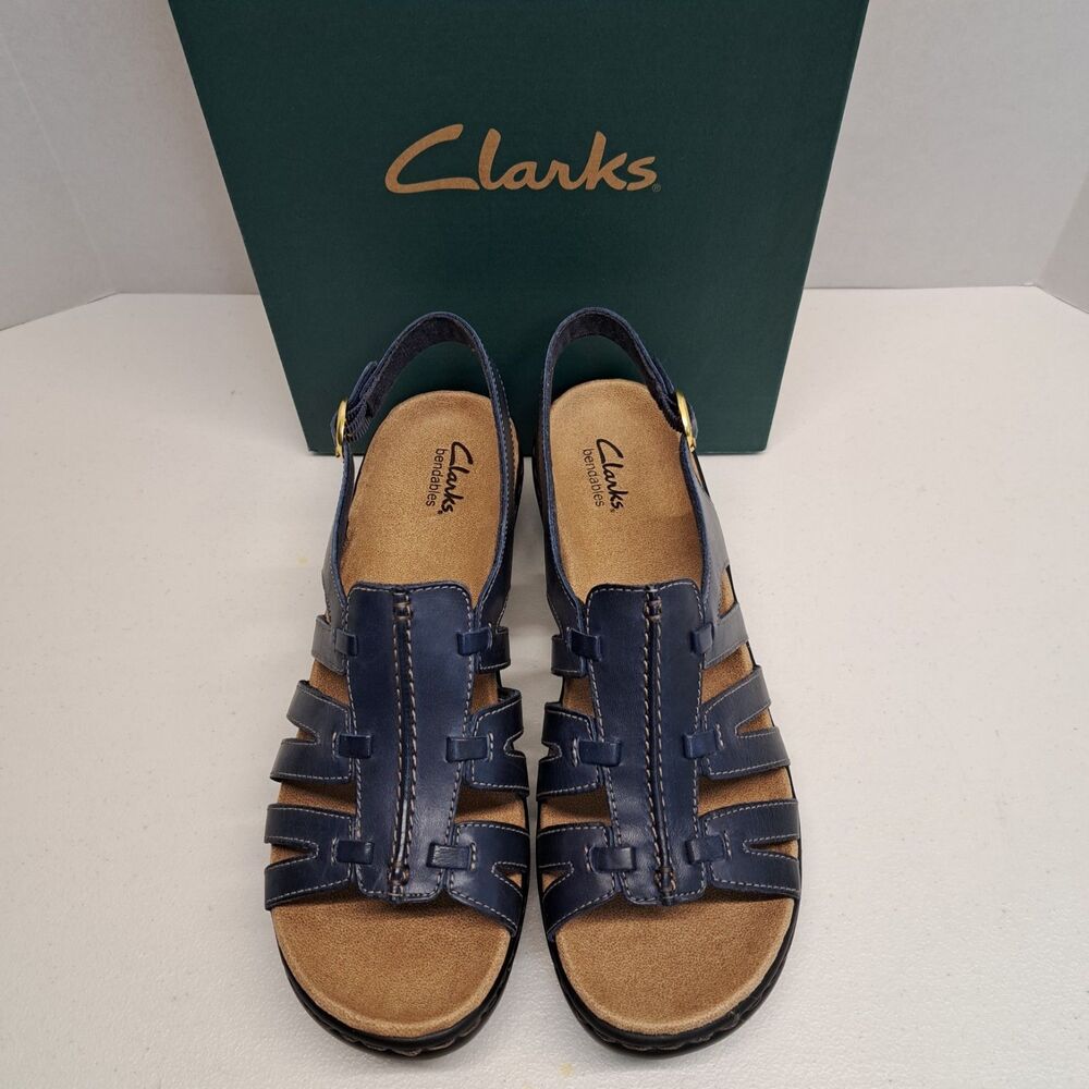 Clarks Bendables Lexi Marigold Navy Slingback Wedge Sandals Women's 10M